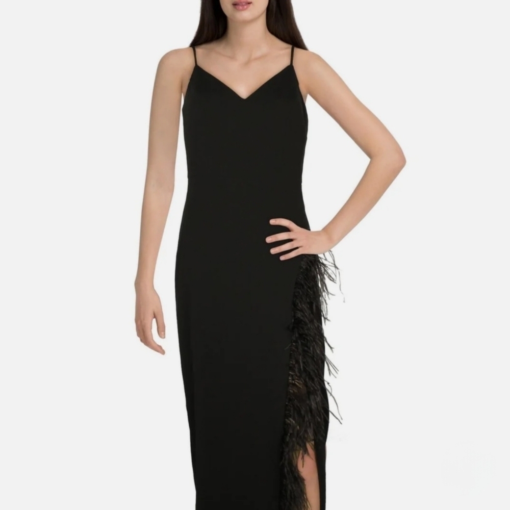Aqua Formal V-Neck Feathered, Side Slit Evening Dress/Gown *NWT $298/Black Sz 8